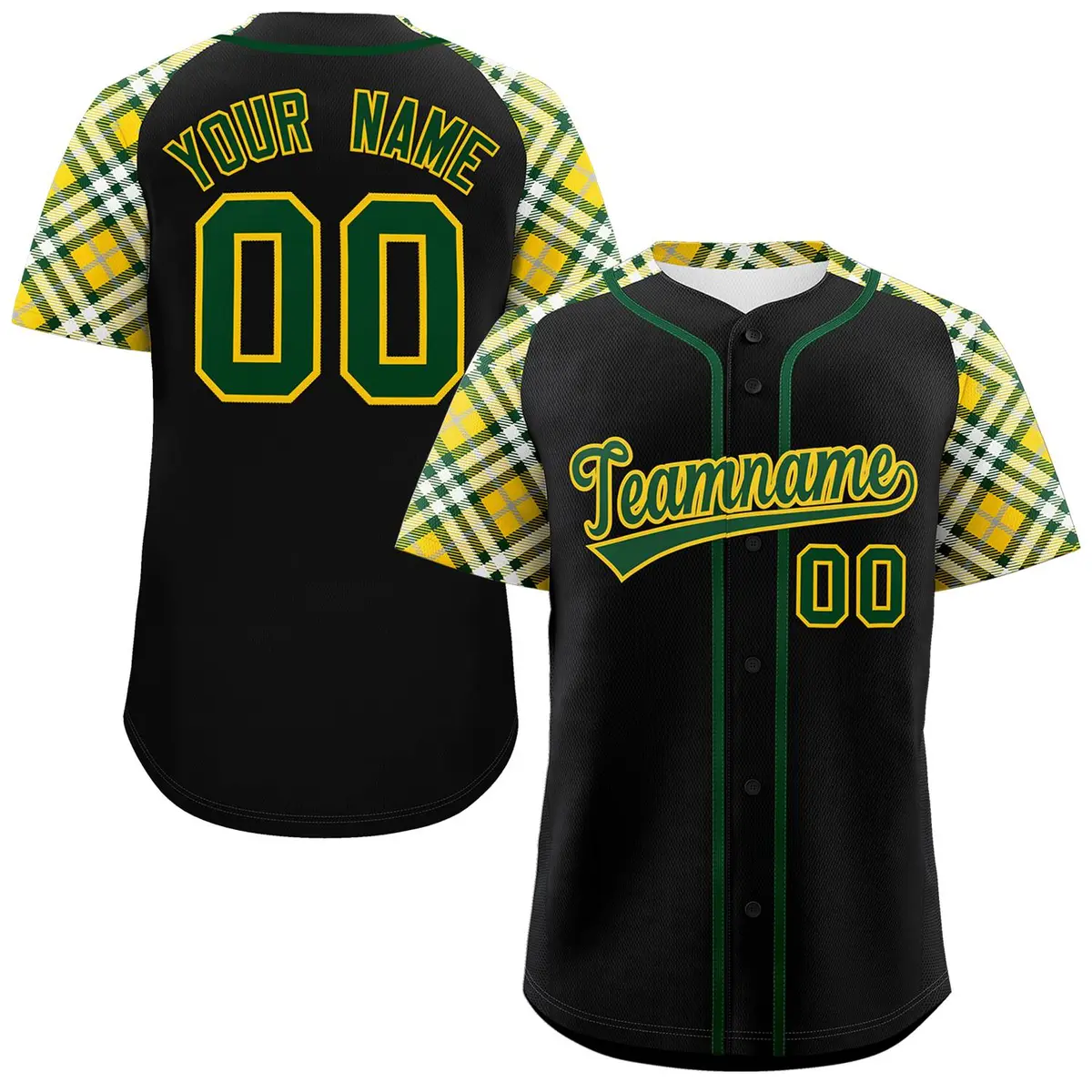 Black Green-Gold Raglan Sleeves Authentic Baseball Jersey