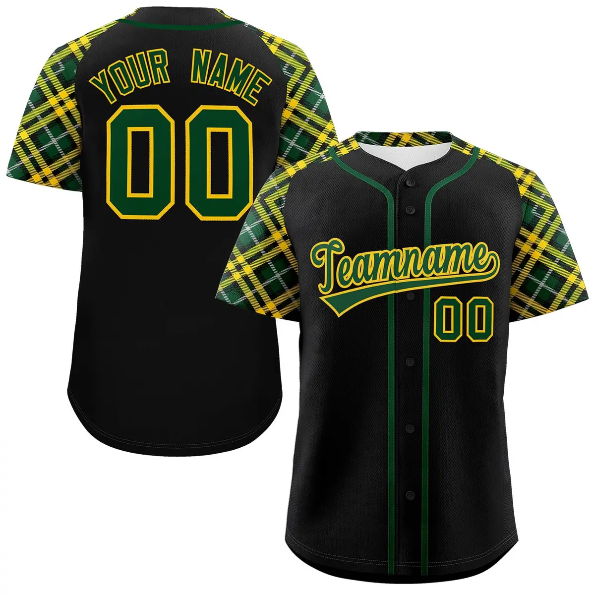 Black Green-Gold Raglan Sleeves Authentic Baseball Jersey