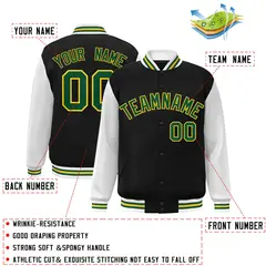 Black Green-Gold Raglan Varsity Full-Snap Letterman Jacket 2