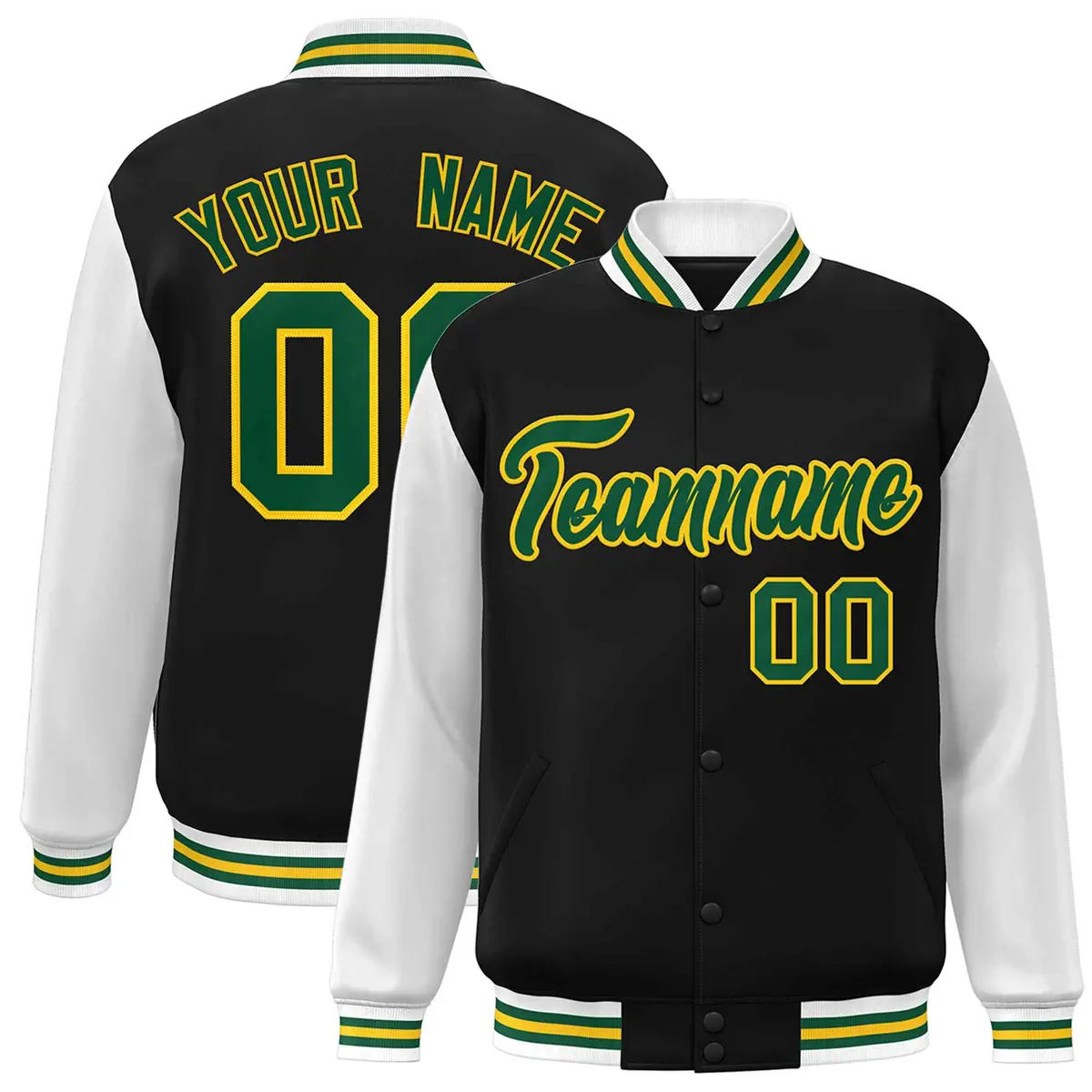 Black Green-Gold Raglan Varsity Full-Snap Letterman Jacket