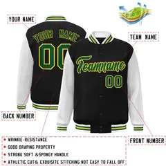 Black Green-Gold Raglan Varsity Full-Snap Letterman Jacket 2