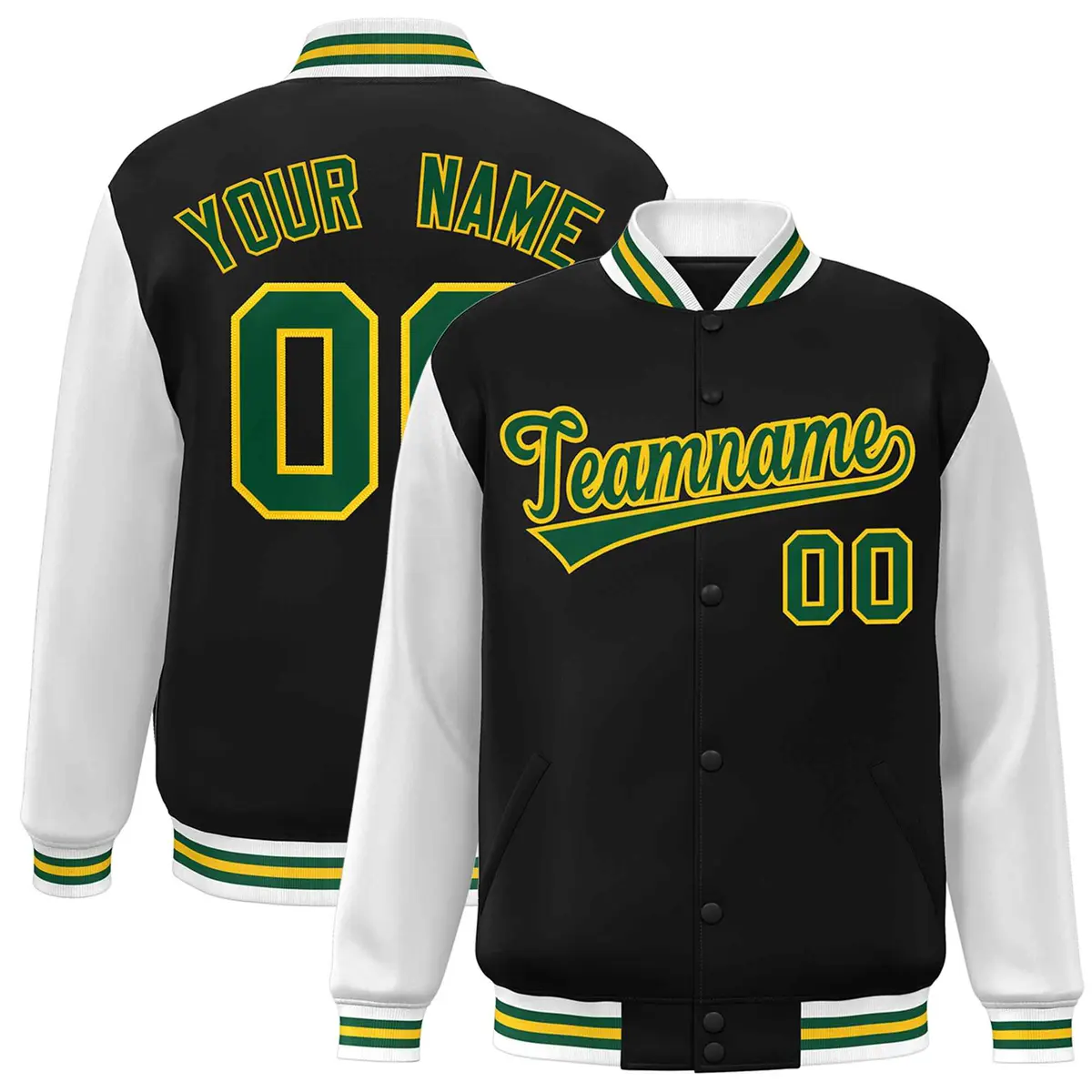 Black Green-Gold Raglan Varsity Full-Snap Letterman Jacket