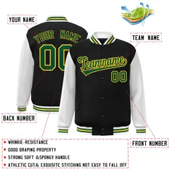 Black Green-Gold Raglan Varsity Full-Snap Letterman Jacket 2