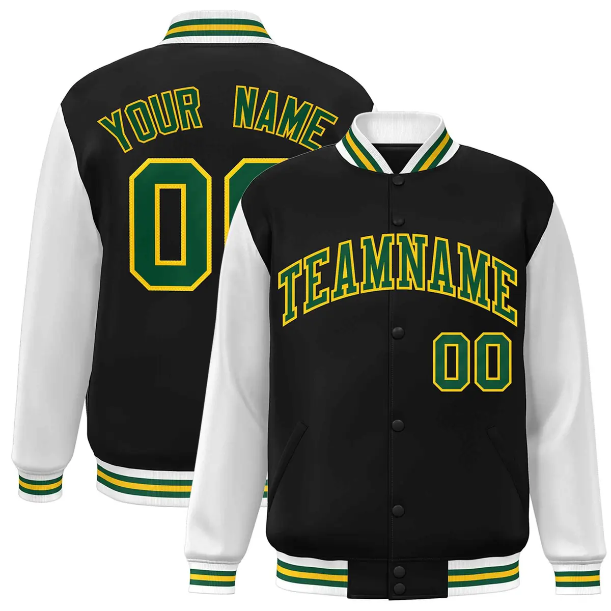 Black Green-Gold Raglan Varsity Full-Snap Letterman Jacket