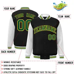 Black Green-Gold Raglan Varsity Full-Snap Letterman Jacket 2