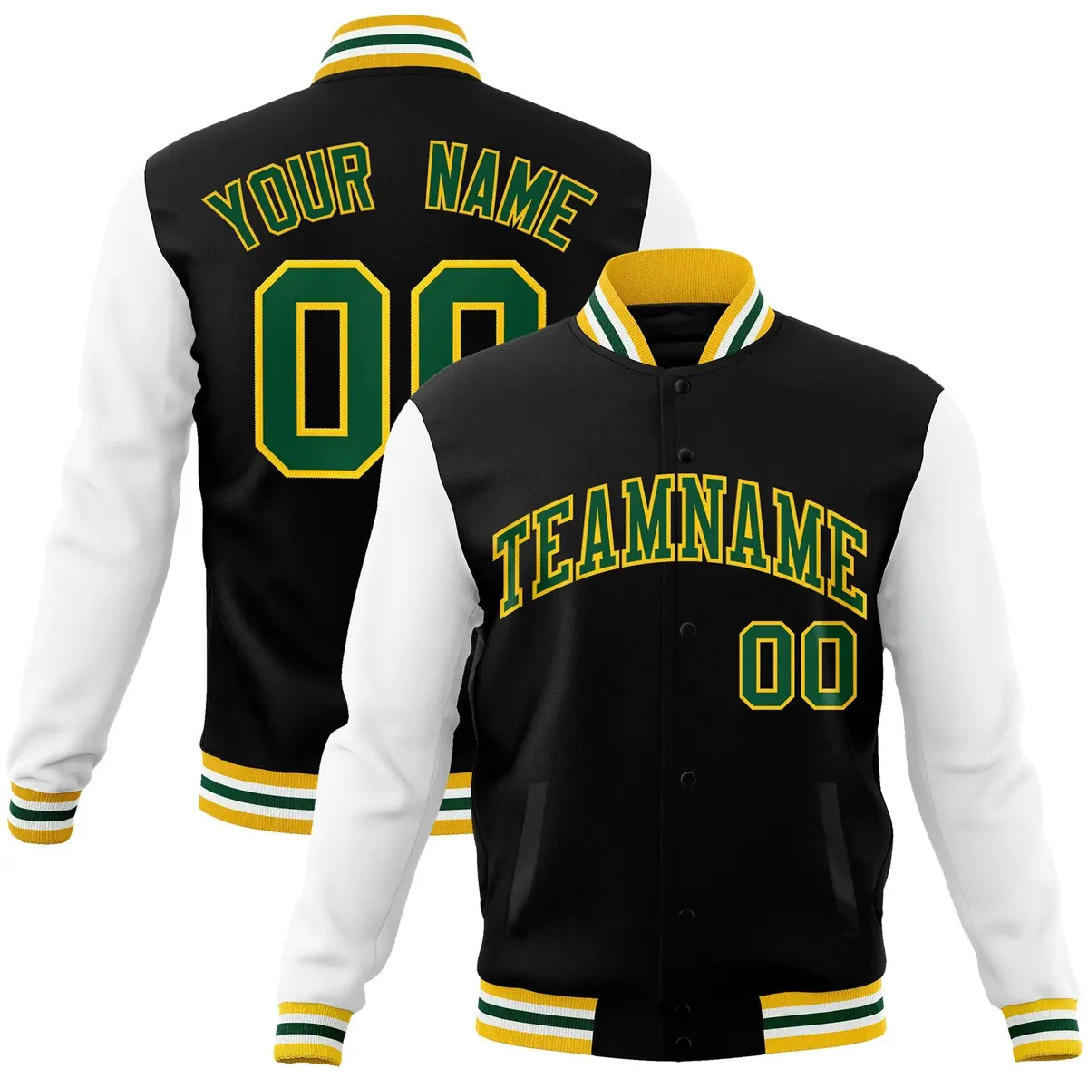 Black Green-Gold Raglan Varsity Full-Snap Letterman Jacket