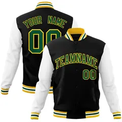 Black Green-Gold Raglan Varsity Full-Snap Letterman Jacket