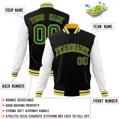 Black Green-Gold Raglan Varsity Full-Snap Letterman Jacket 4