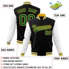 Black Green-Gold Raglan Varsity Full-Snap Letterman Jacket 4