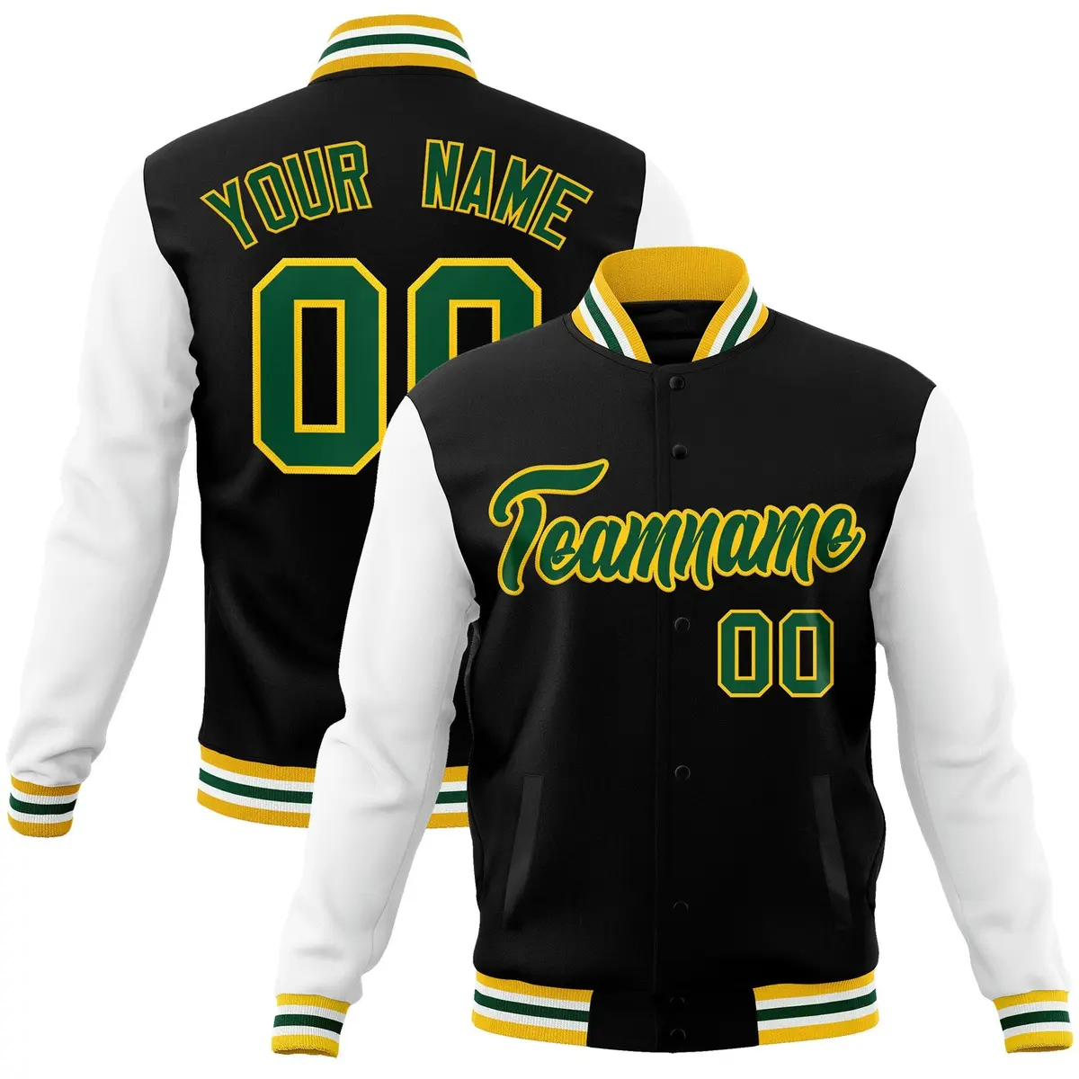 Black Green-Gold Raglan Varsity Full-Snap Letterman Jacket