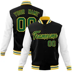 Black Green-Gold Raglan Varsity Full-Snap Letterman Jacket