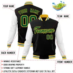 Black Green-Gold Raglan Varsity Full-Snap Letterman Jacket 4