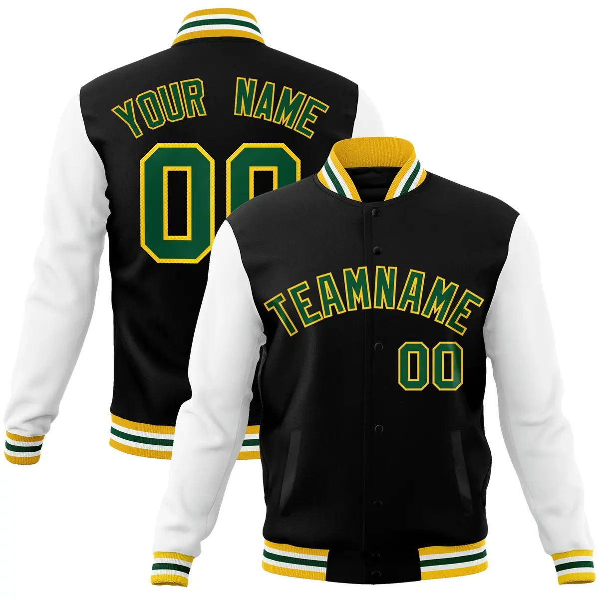 Black Green-Gold Raglan Varsity Full-Snap Letterman Jacket