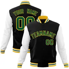 Black Green-Gold Raglan Varsity Full-Snap Letterman Jacket
