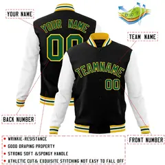 Black Green-Gold Raglan Varsity Full-Snap Letterman Jacket 4