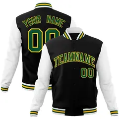 Black Green-Gold Raglan Varsity Full-Snap Letterman Jacket