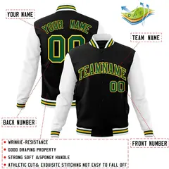 Black Green-Gold Raglan Varsity Full-Snap Letterman Jacket 4
