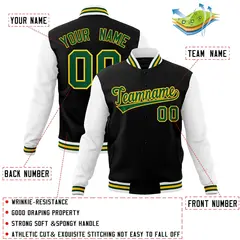 Black Green-Gold Raglan Varsity Full-Snap Letterman Jacket 4