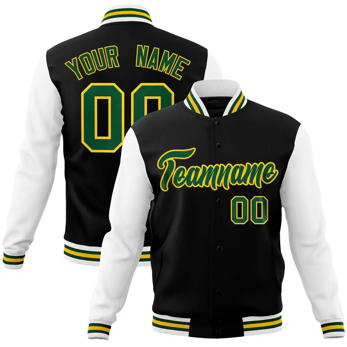 Black Green-Gold Raglan Varsity Full-Snap Letterman Jacket