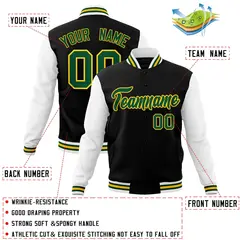 Black Green-Gold Raglan Varsity Full-Snap Letterman Jacket 4
