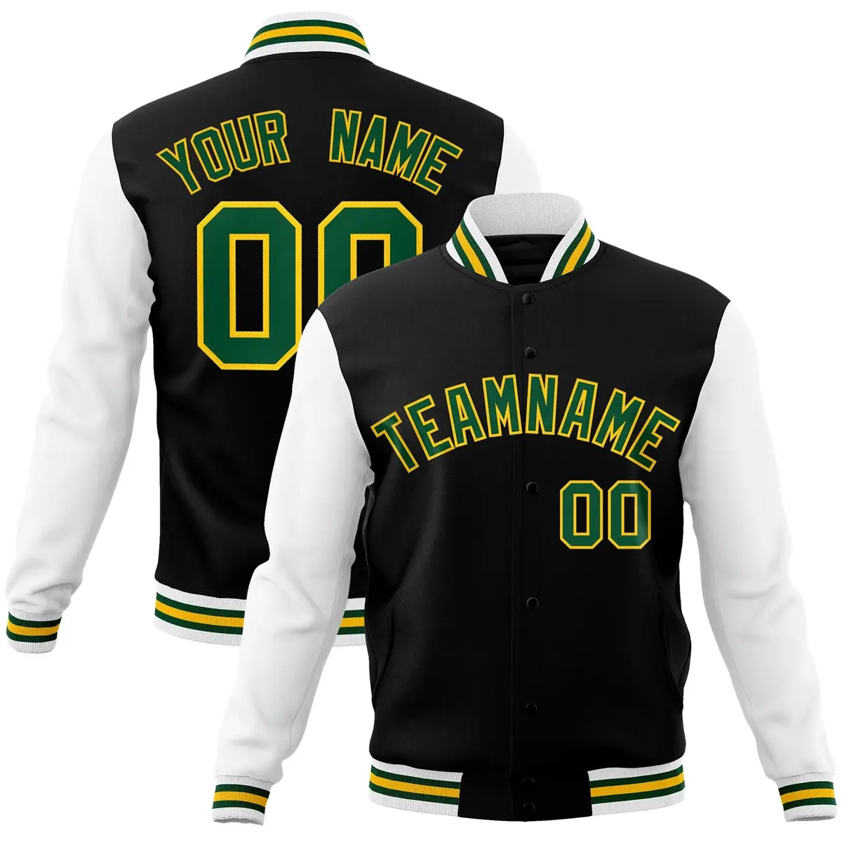 Black Green-Gold Raglan Varsity Full-Snap Letterman Jacket