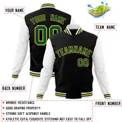 Black Green-Gold Raglan Varsity Full-Snap Letterman Jacket 4