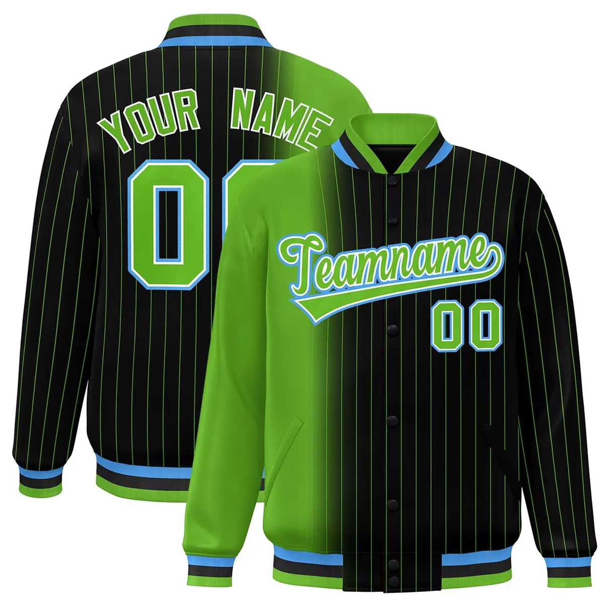 Black Green Gradient Pinstripe Full-Snap Letterman Jacket