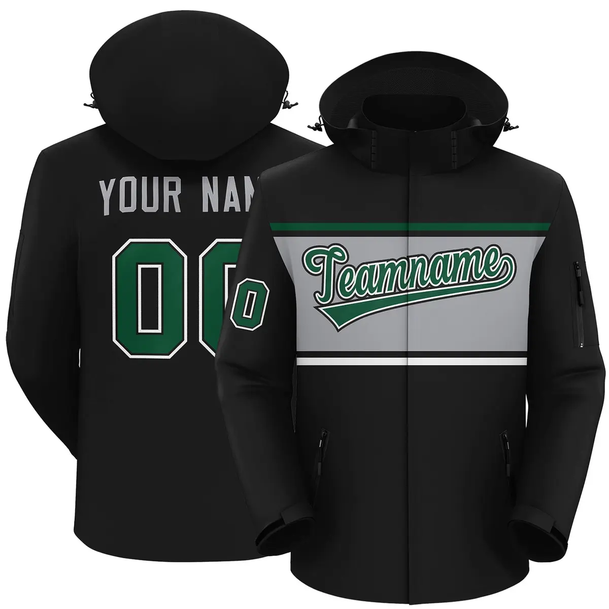 Black Green-Gray Color Block Hooded Waterproof Jacket