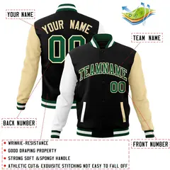 Black Green-Khaki Raglan Varsity Full-Snap Letterman Jacket 4