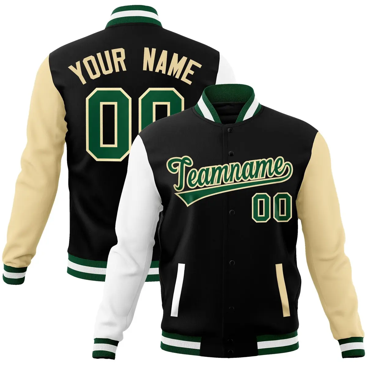 Black Green-Khaki Raglan Varsity Full-Snap Letterman Jacket