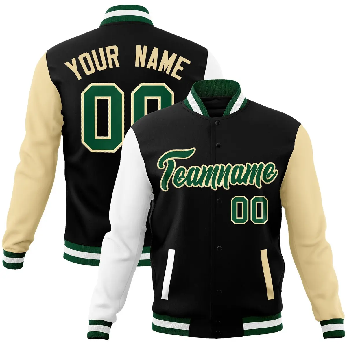 Black Green-Khaki Raglan Varsity Full-Snap Letterman Jacket