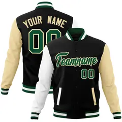 Black Green-Khaki Raglan Varsity Full-Snap Letterman Jacket 1