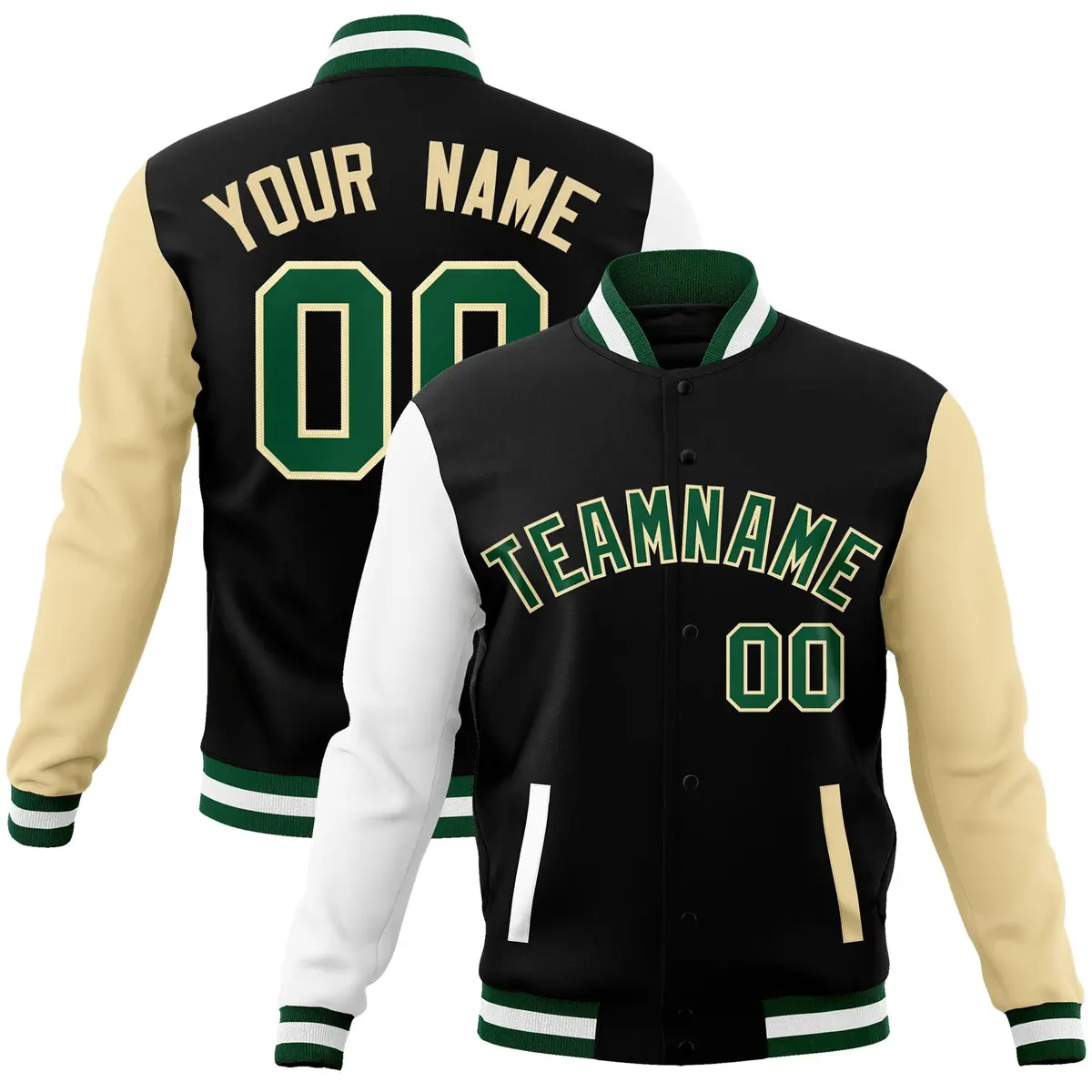 Black Green-Khaki Raglan Varsity Full-Snap Letterman Jacket