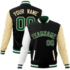 Black Green-Khaki Raglan Varsity Full-Snap Letterman Jacket 1
