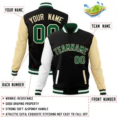 Black Green-Khaki Raglan Varsity Full-Snap Letterman Jacket 4