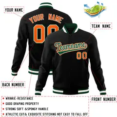 Black Green-Orange Varsity Full-Snap Letterman Jacket 4