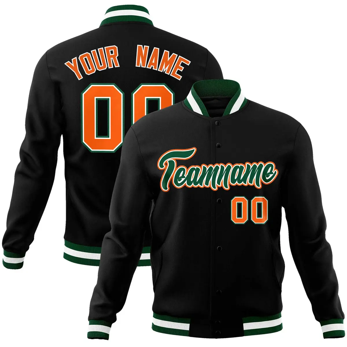 Black Green-Orange Varsity Full-Snap Letterman Jacket