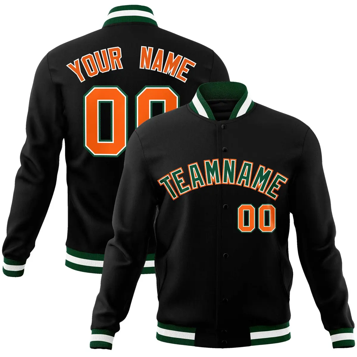 Black Green-Orange Varsity Full-Snap Letterman Jacket