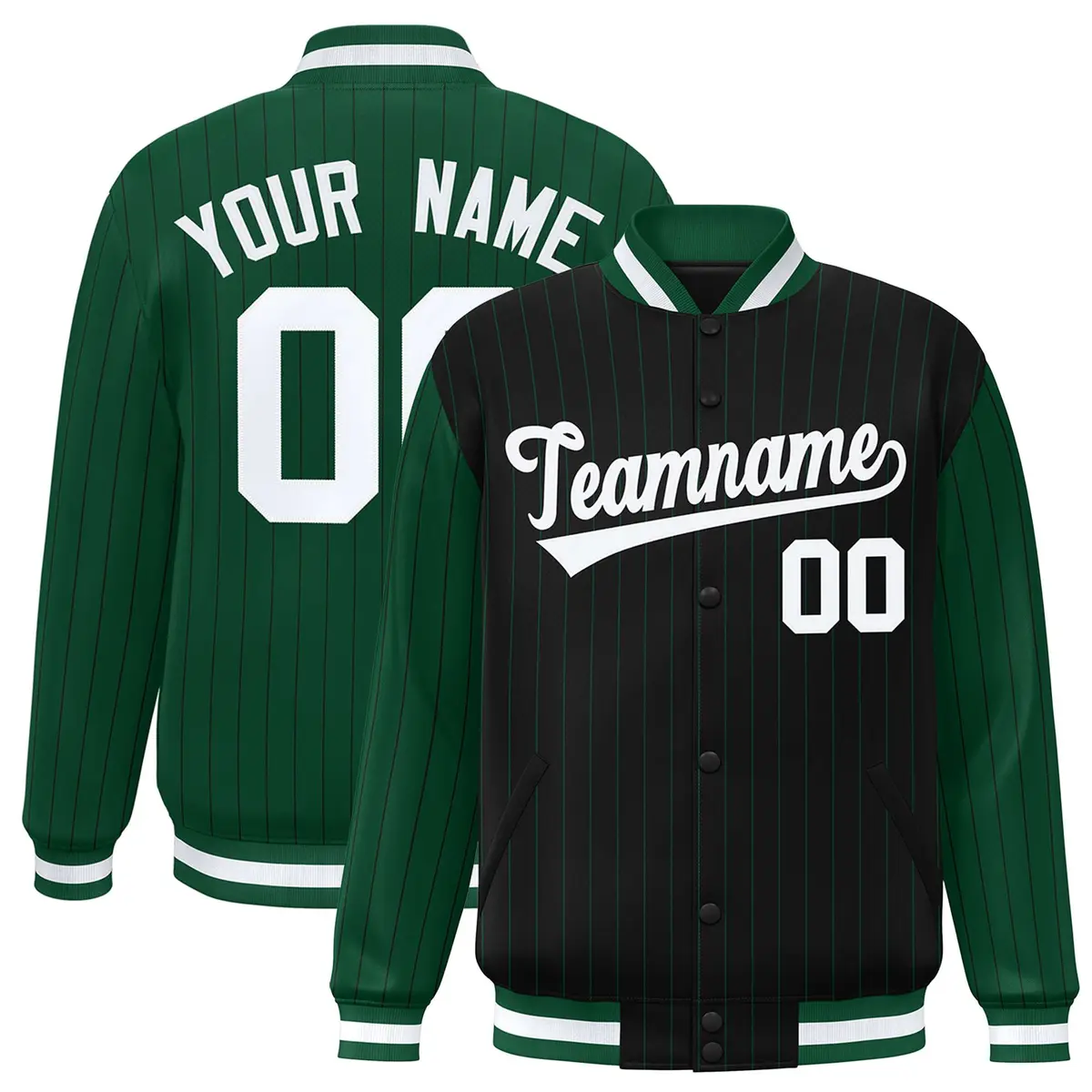 Black Green Pinstripe Raglan Varsity Letterman Jacket