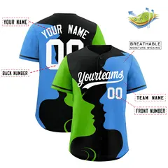 Black Green Powder Blue Couple Silhouettes Valentine's Baseball Jersey 3