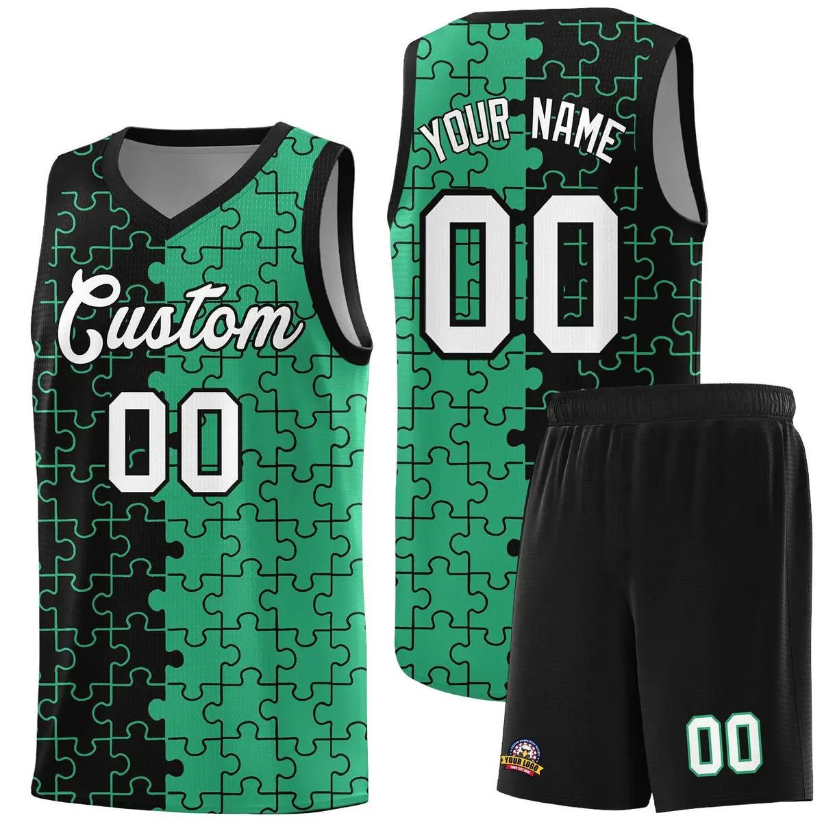 Black Green Puzzle Pattern Splid Basketball Kits