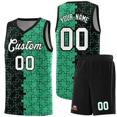 Black Green Puzzle Pattern Splid Basketball Kits