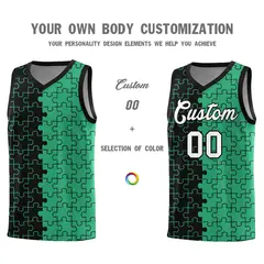 Black Green Puzzle Pattern Splid Basketball Kits 3