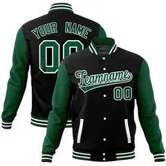 Black Green Raglan Full-Snap Varsity Letterman Baseball Jacket