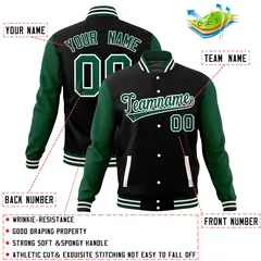 Black Green Raglan Full-Snap Varsity Letterman Baseball Jacket 4