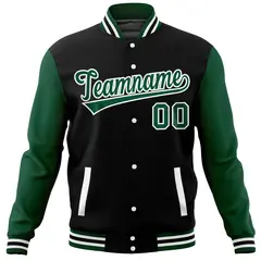 Black Green Raglan Full-Snap Varsity Letterman Baseball Jacket 5