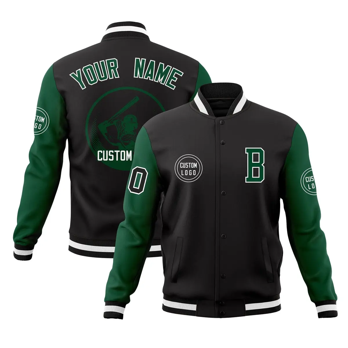 Black Green Raglan Full-Snap Varsity Letterman Baseball Jacket