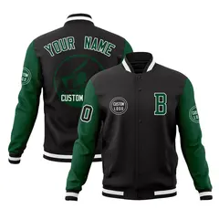 Black Green Raglan Full-Snap Varsity Letterman Baseball Jacket