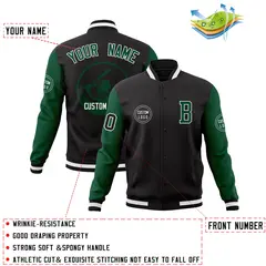 Black Green Raglan Full-Snap Varsity Letterman Baseball Jacket 4