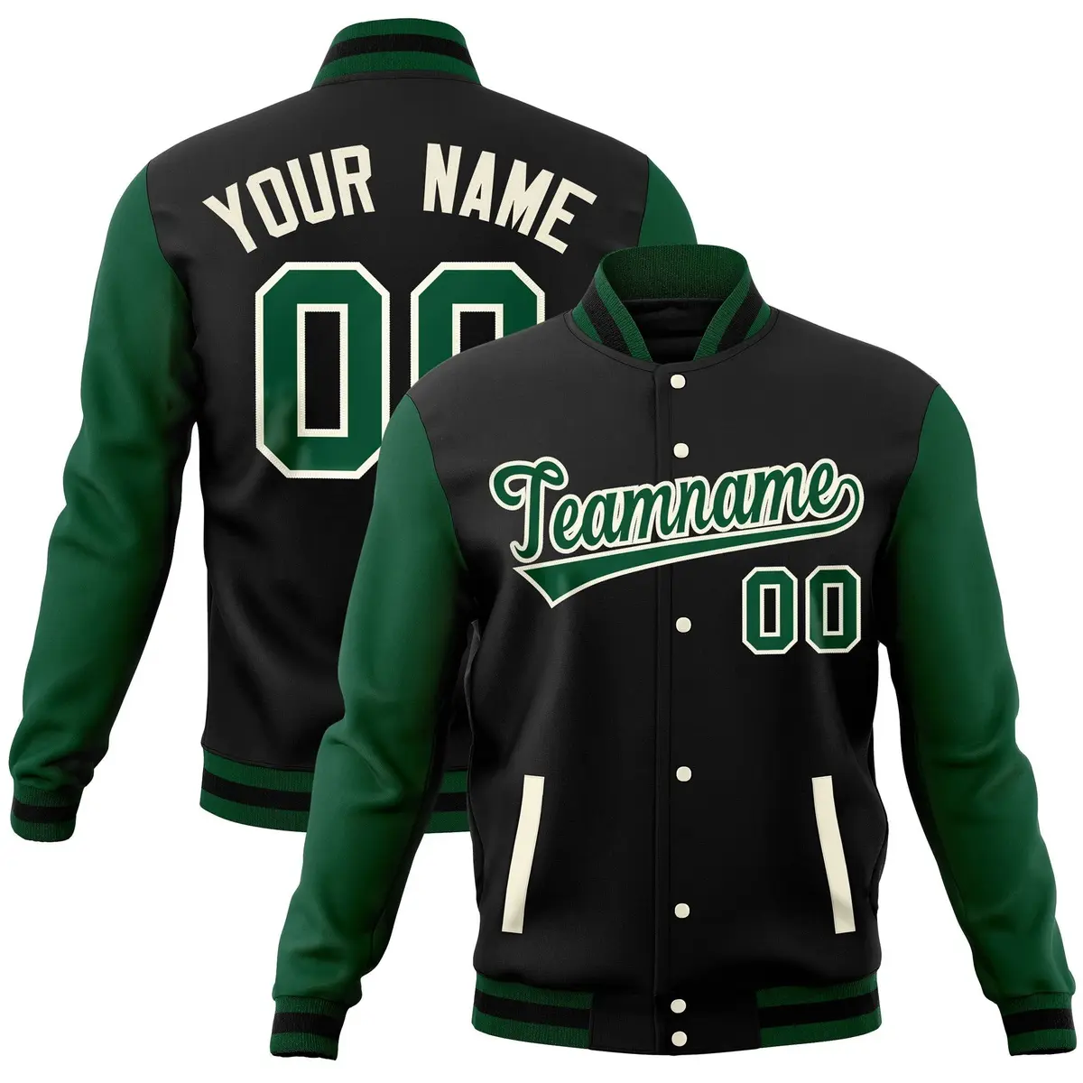 Black Green Raglan Full-Snap Varsity Letterman Baseball Jacket